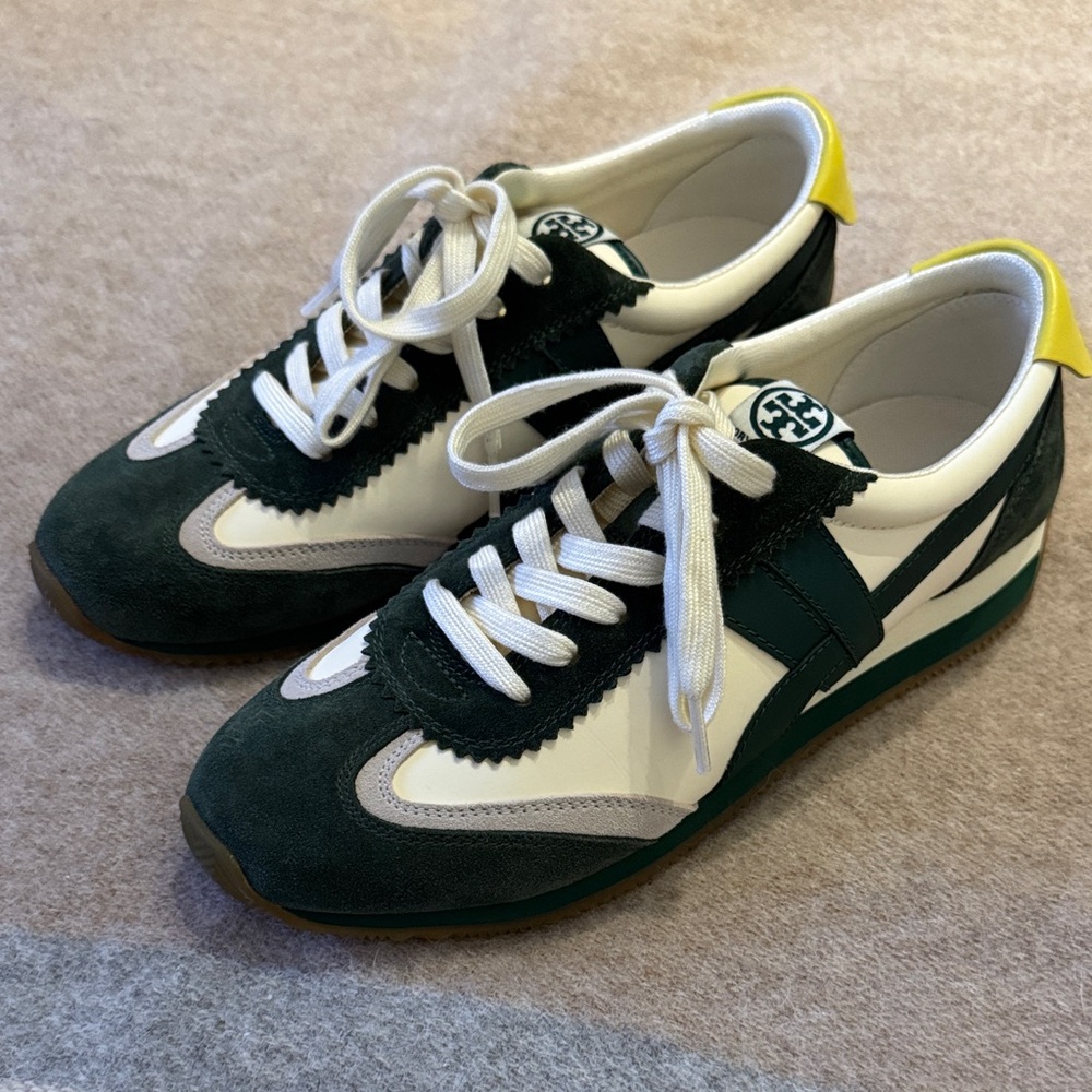 Tory Burch Hank Trainors in Dark Green, White & Yellow Suede Leather